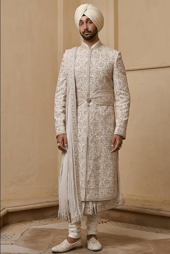 Ivory Georgette Zari Thread & Pearl Embellished Sherwani Set