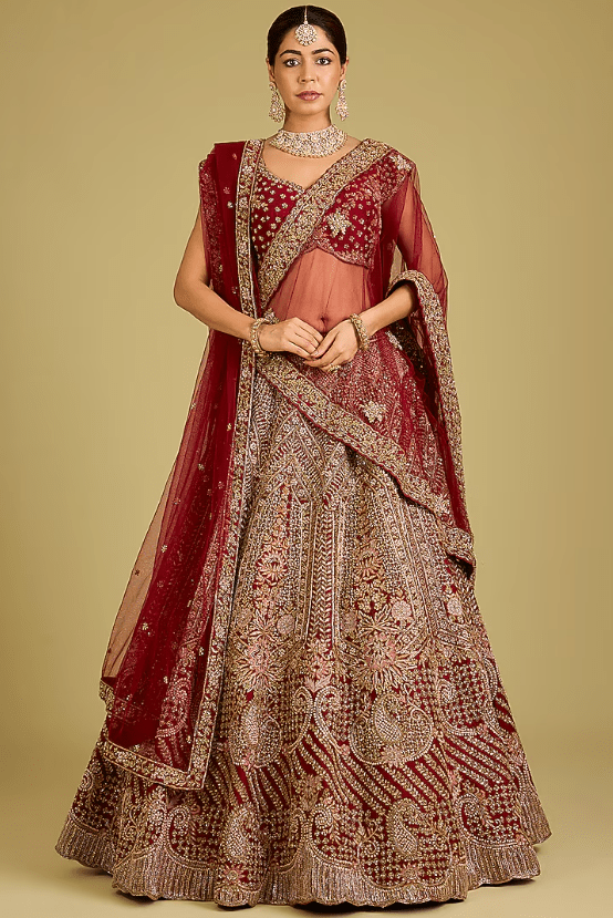 Maroon Raw Silk Embroidered Lehenga Set