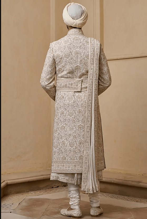 Ivory Georgette Zari Thread & Pearl Embellished Sherwani Set - Image 2
