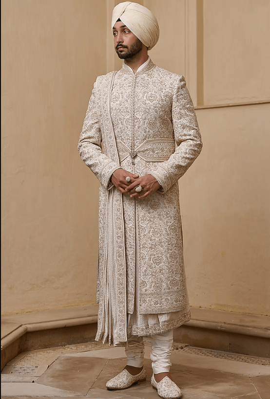 Ivory Georgette Zari Thread & Pearl Embellished Sherwani Set - Image 3