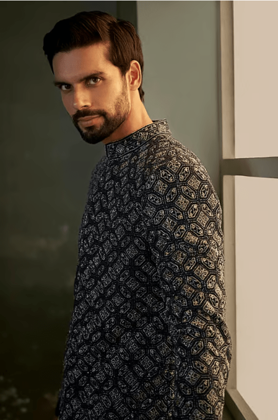 Navy Silk, Cotton, Lycra Beads, Crystals, Raw Sherwani Kurta Trouser Set - Image 4