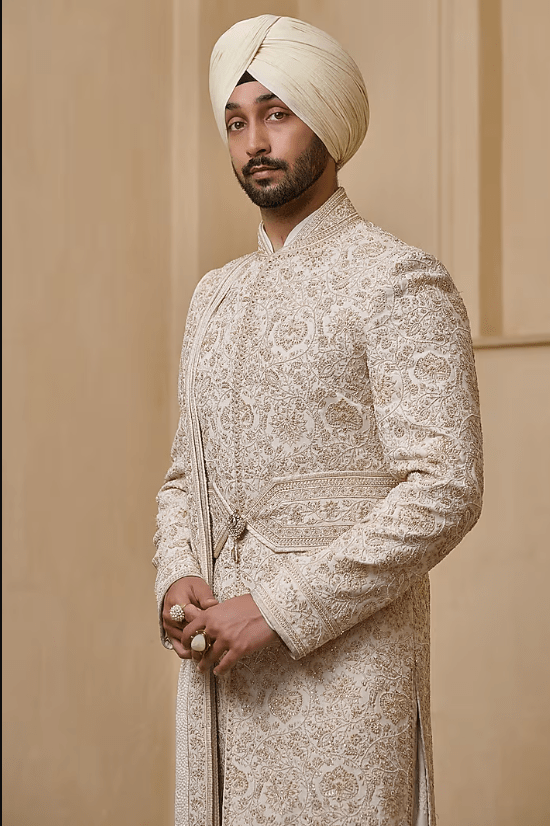 Ivory Georgette Zari Thread & Pearl Embellished Sherwani Set - Image 4