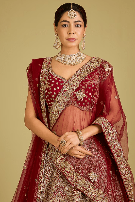 Maroon Raw Silk Embroidered Lehenga Set - Image 4