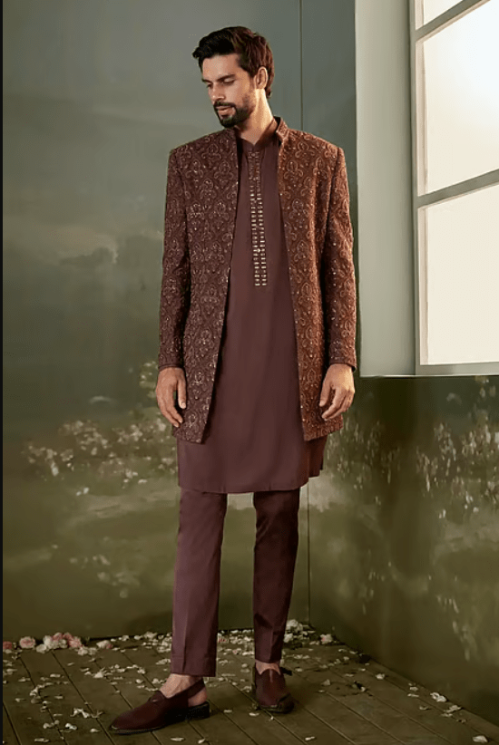 Brown Silk, Cotton, Lycra Sequins, Resham Embroidered Sherwani Jacket Kurta Set