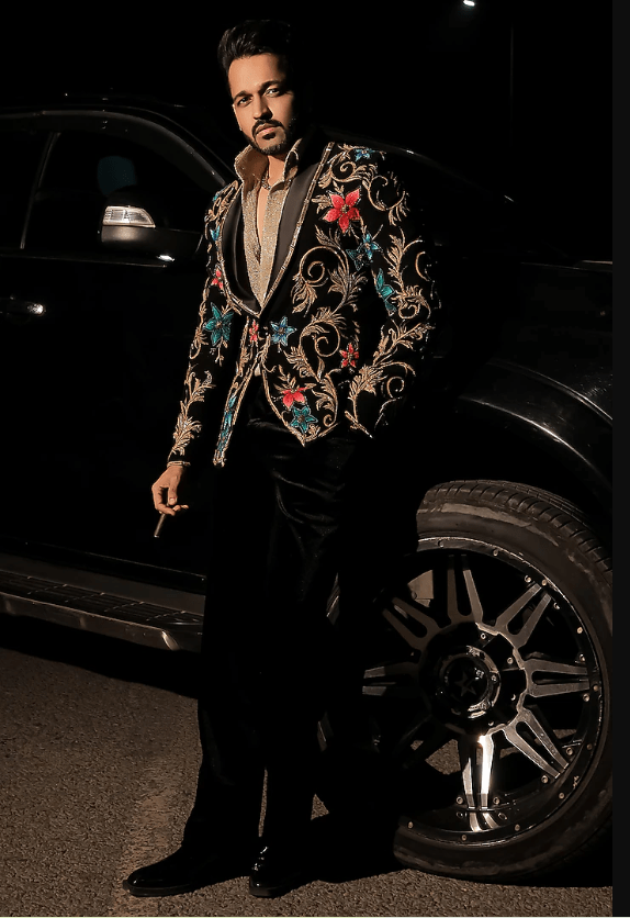 Black Korean Lycra Embellished & Hand embroidered Tuxedo Set