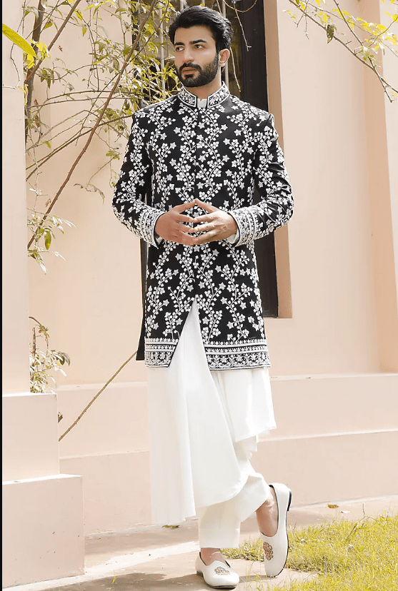 Black Satin Hand Embroidered Indowestern Set