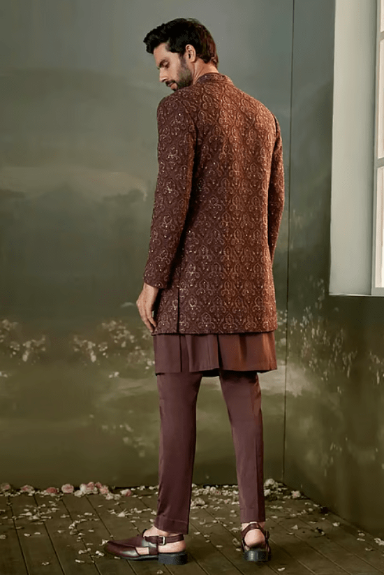 Brown Silk, Cotton, Lycra Sequins, Resham Embroidered Sherwani Jacket Kurta Set - Image 2