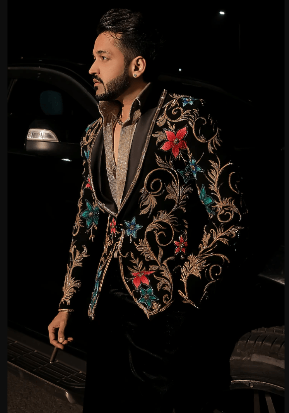 Black Korean Lycra Embellished & Hand embroidered Tuxedo Set - Image 2