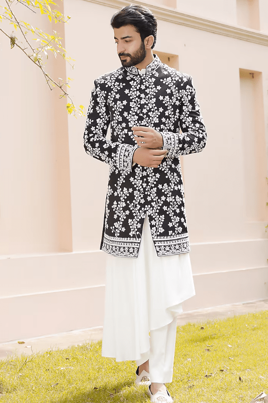 Black Satin Hand Embroidered Indowestern Set - Image 2