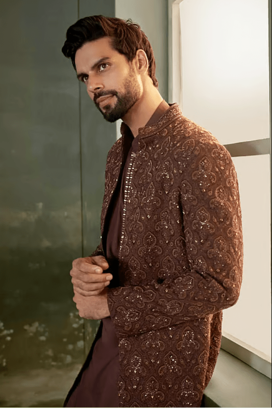 Brown Silk, Cotton, Lycra Sequins, Resham Embroidered Sherwani Jacket Kurta Set - Image 3