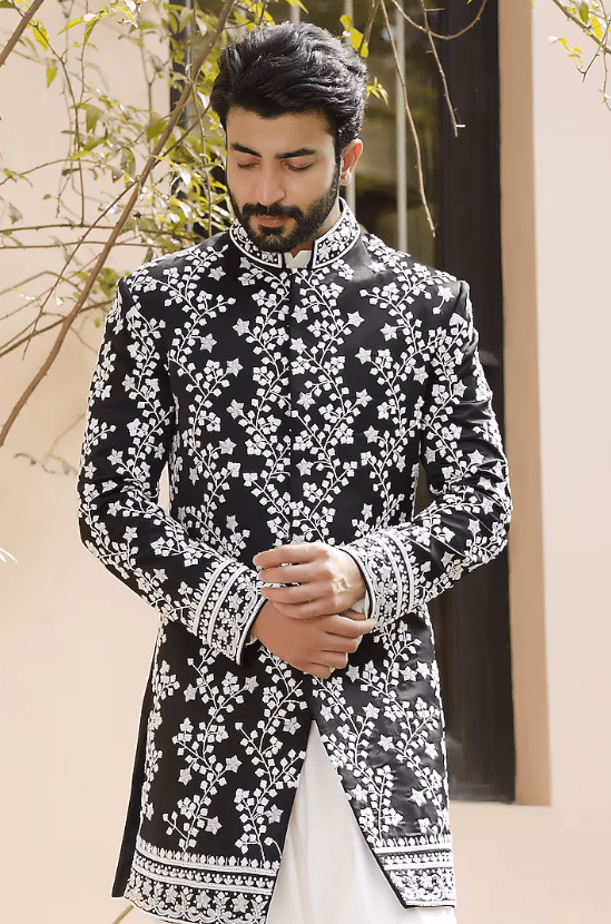 Black Satin Hand Embroidered Indowestern Set - Image 4