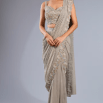 Ash Grey Silk Satin Hand Embroidered Skirt Saree Set