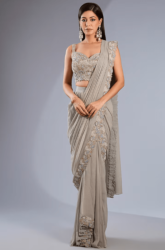 Ash Grey Silk Satin Hand Embroidered Skirt Saree Set