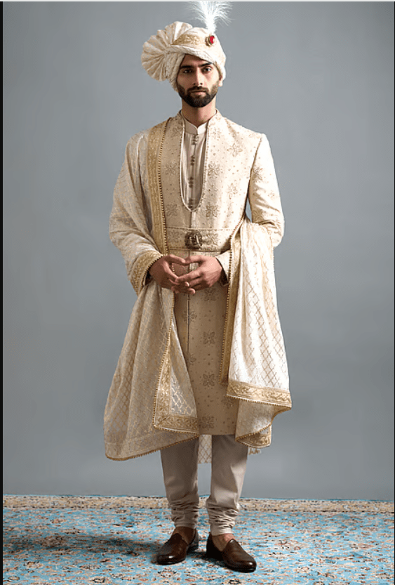 Beige Silk, Cotton Embroidery Vivaan Ivory Sherwani Set