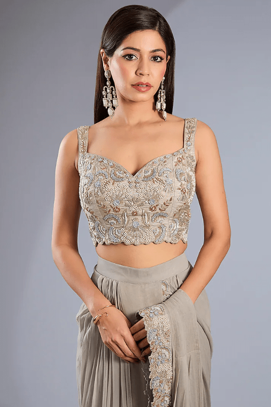 Ash Grey Silk Satin Hand Embroidered Skirt Saree Set - Image 2