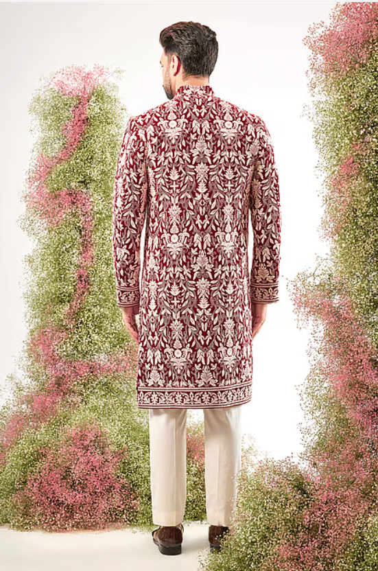 Maroon Velvet Embroidery Kashmiri Sherwani - Image 2
