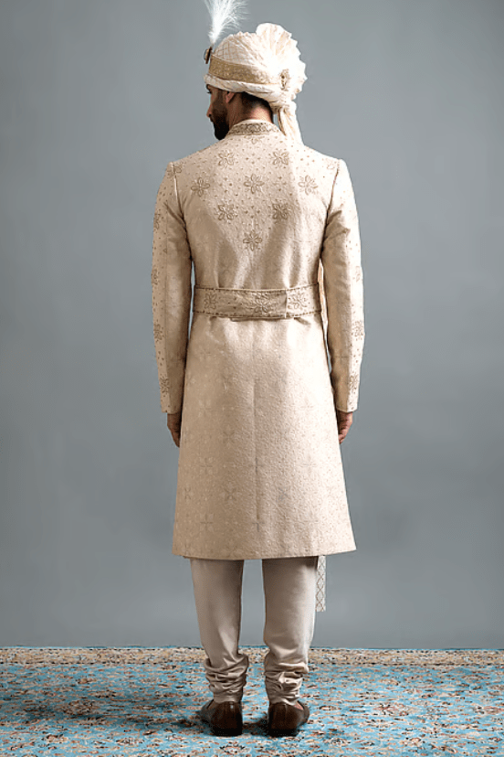 Beige Silk, Cotton Embroidery Vivaan Ivory Sherwani Set - Image 2