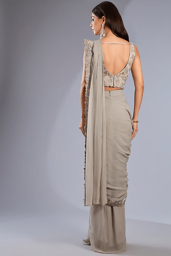 Ash Grey Silk Satin Hand Embroidered Skirt Saree Set - Image 3