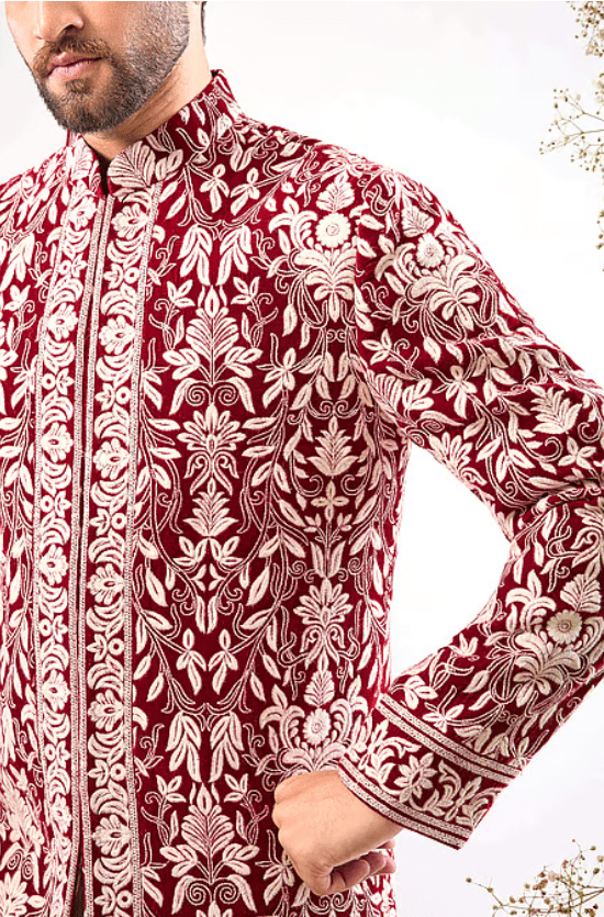 Maroon Velvet Embroidery Kashmiri Sherwani - Image 3