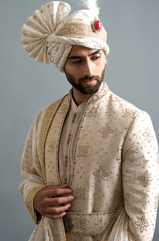 Beige Silk, Cotton Embroidery Vivaan Ivory Sherwani Set - Image 3