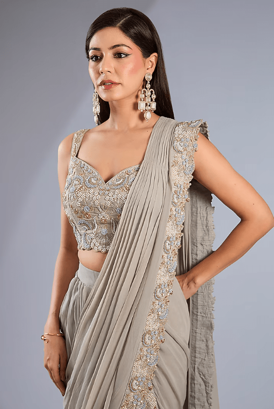 Ash Grey Silk Satin Hand Embroidered Skirt Saree Set - Image 4