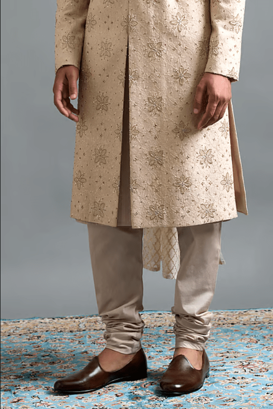 Beige Silk, Cotton Embroidery Vivaan Ivory Sherwani Set - Image 4