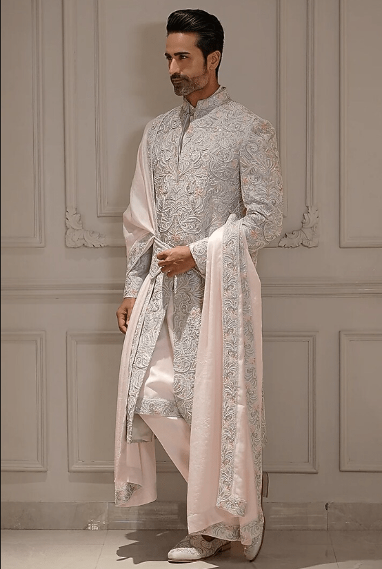 Powder Blue Silk Resham Hand Embroidered Sherwani Set - Image 3