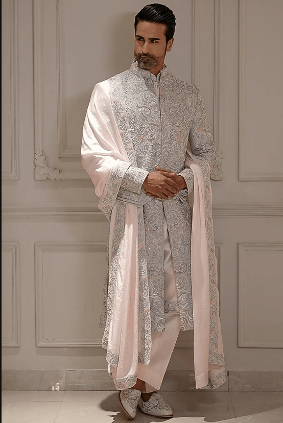 Powder Blue Silk Resham Hand Embroidered Sherwani Set - Image 4