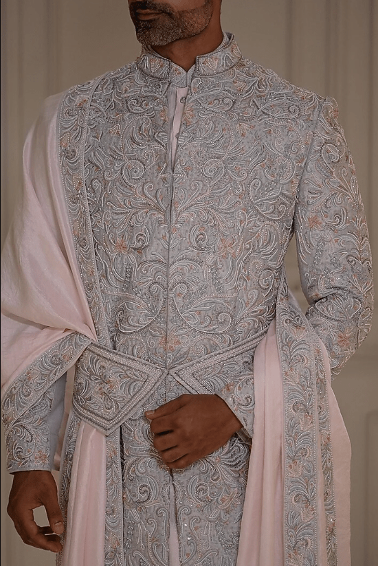Powder Blue Silk Resham Hand Embroidered Sherwani Set - Image 5