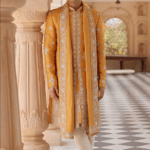 Orange Raw Silk Zardosi & Aari Embroidered Sherwani Set