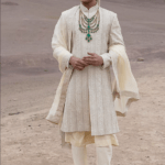 Light Gold Raw Silk Hand Embroidered Sherwani Set