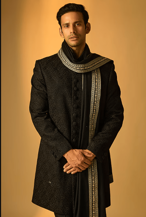 Black Silk Sherwani Set - Image 4