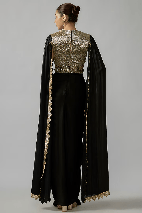 Black Satin Embroidered Gown - Image 2