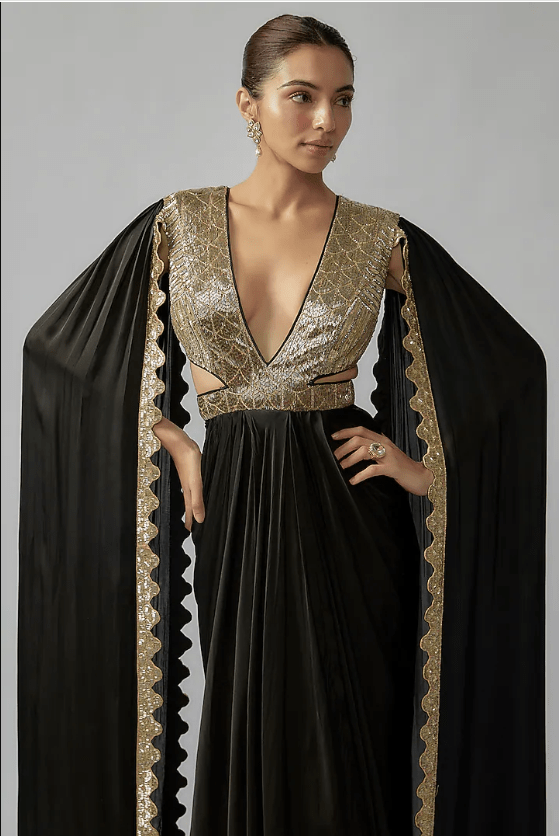 Black Satin Embroidered Gown - Image 3