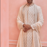 Neutral Beige Silk Motif Embroidered Sherwani Set