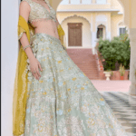 Sage Green Tissue Silk Zardosi Hand Embroidered Lehenga Set