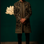 Black Silk Embroidery, Zari Zardozi Handwork Sherwani Kurta And Pant Set