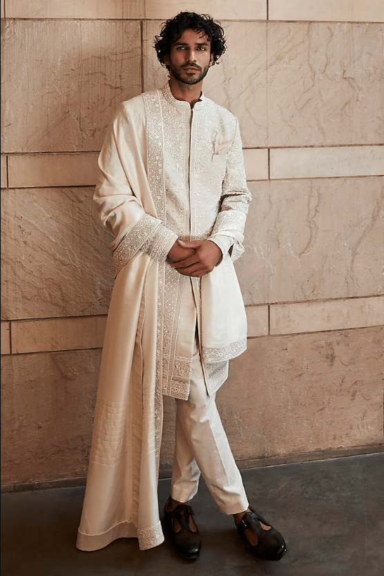 Ivory Raw Silk Sherwani Set