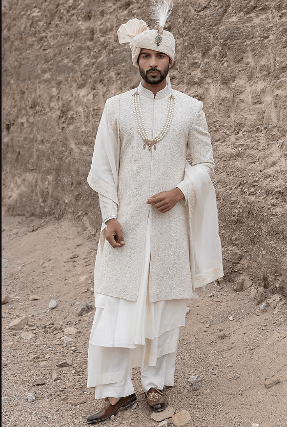 Cream Textured Poly Knit Hand Embroidered Sherwani Set