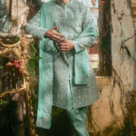 Aqua Green Organza & Satin Lycra Sherwani Set