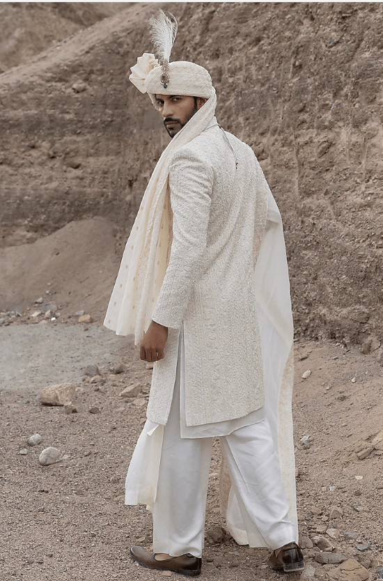 Cream Textured Poly Knit Hand Embroidered Sherwani Set - Image 2