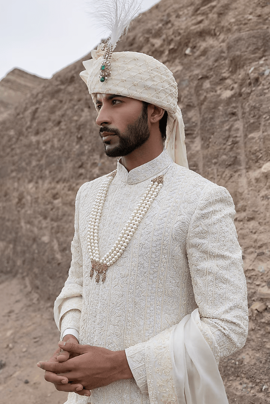 Cream Textured Poly Knit Hand Embroidered Sherwani Set - Image 3