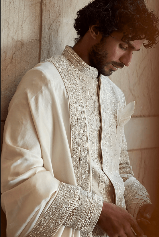 Ivory Raw Silk Sherwani Set - Image 4