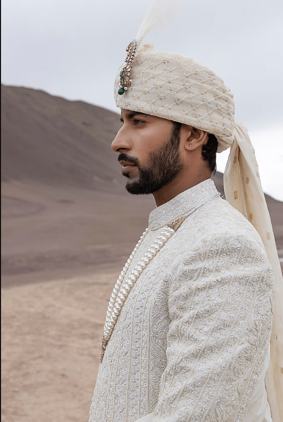 Cream Textured Poly Knit Hand Embroidered Sherwani Set - Image 4