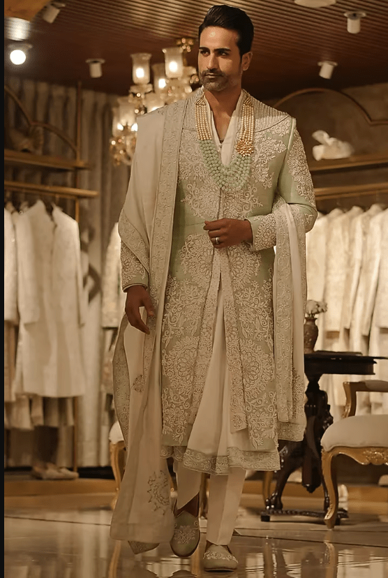 Green Raw Silk Thread Hand Embroidered Sherwani Set