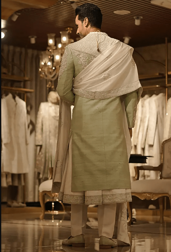 Green Raw Silk Thread Hand Embroidered Sherwani Set - Image 2