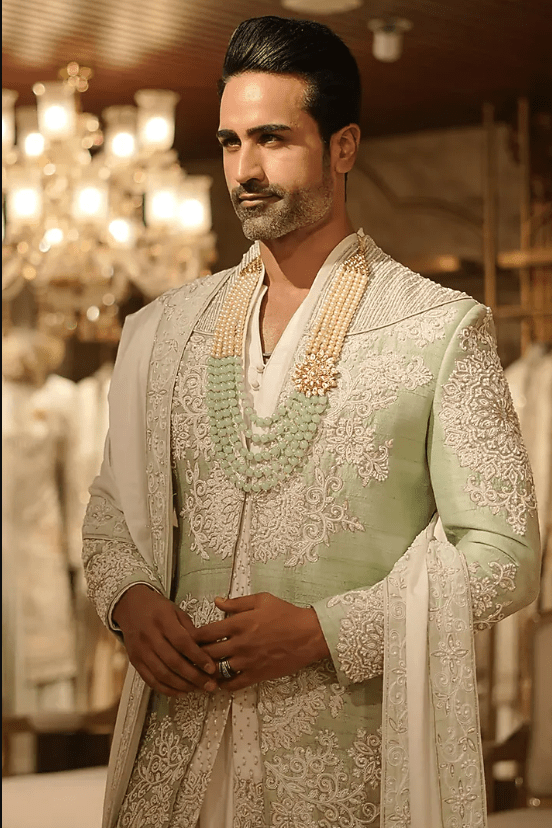 Green Raw Silk Thread Hand Embroidered Sherwani Set - Image 3