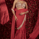 Red Georgette Hand Embroidered Ruffled Skirt Saree Set