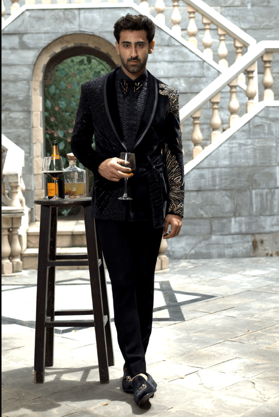Black Velvet, Silk Beads, Zari Embroidered Tuxedo Set