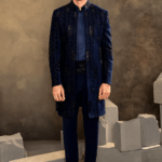 Blue Satin, Velvet Sequins Embroidered Sherwani Set